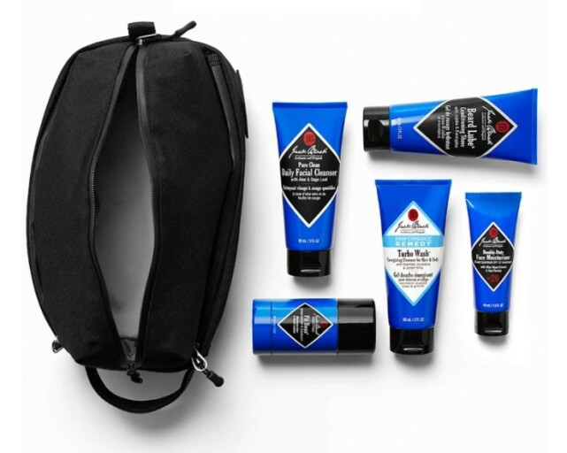 Jack Black Jetsetter Gift Sets for Men compact travel grooming kit with various skincare products and a travel bag.