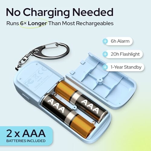 Battery-powered flashlight with two AAA batteries included, no charging needed.