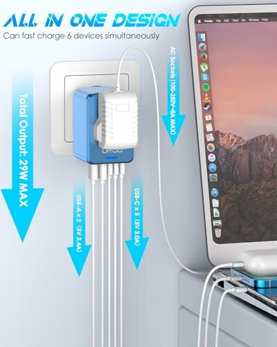 Multi-port USB charger plugged into wall, charging multiple devices including a laptop.