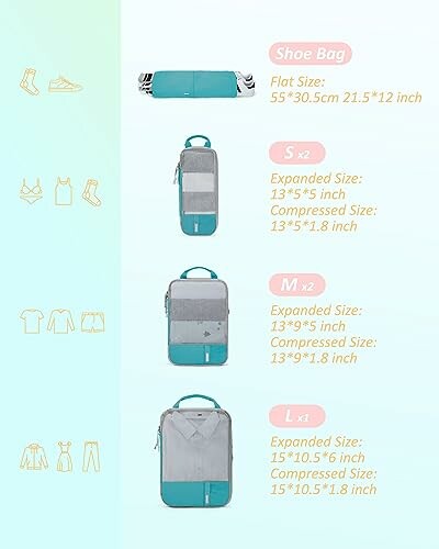 Image showing dimensions of a shoe bag and packing cubes in different sizes.