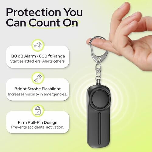 Personal safety alarm keychain with 130 dB alarm, bright strobe flashlight, and firm pull-pin design.