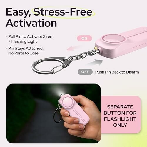 Personal safety alarm with keychain, pink color, activation instructions.