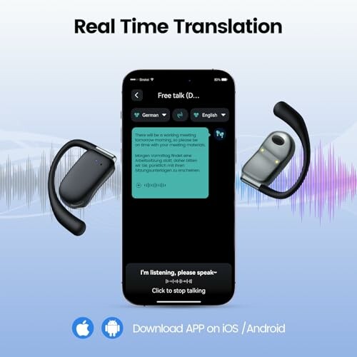Real-time translation device with app interface and earpieces.