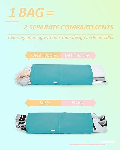 Travel organizer bag with two separate compartments for clean and dirty clothes, socks, and shoes.